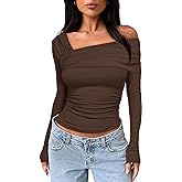 Darong Women's Off Shoulder Tops Y2K Shirt Slim Fit Ruched Crop Top Long Sleeves Spring Fall Blouse Going Out Shirt