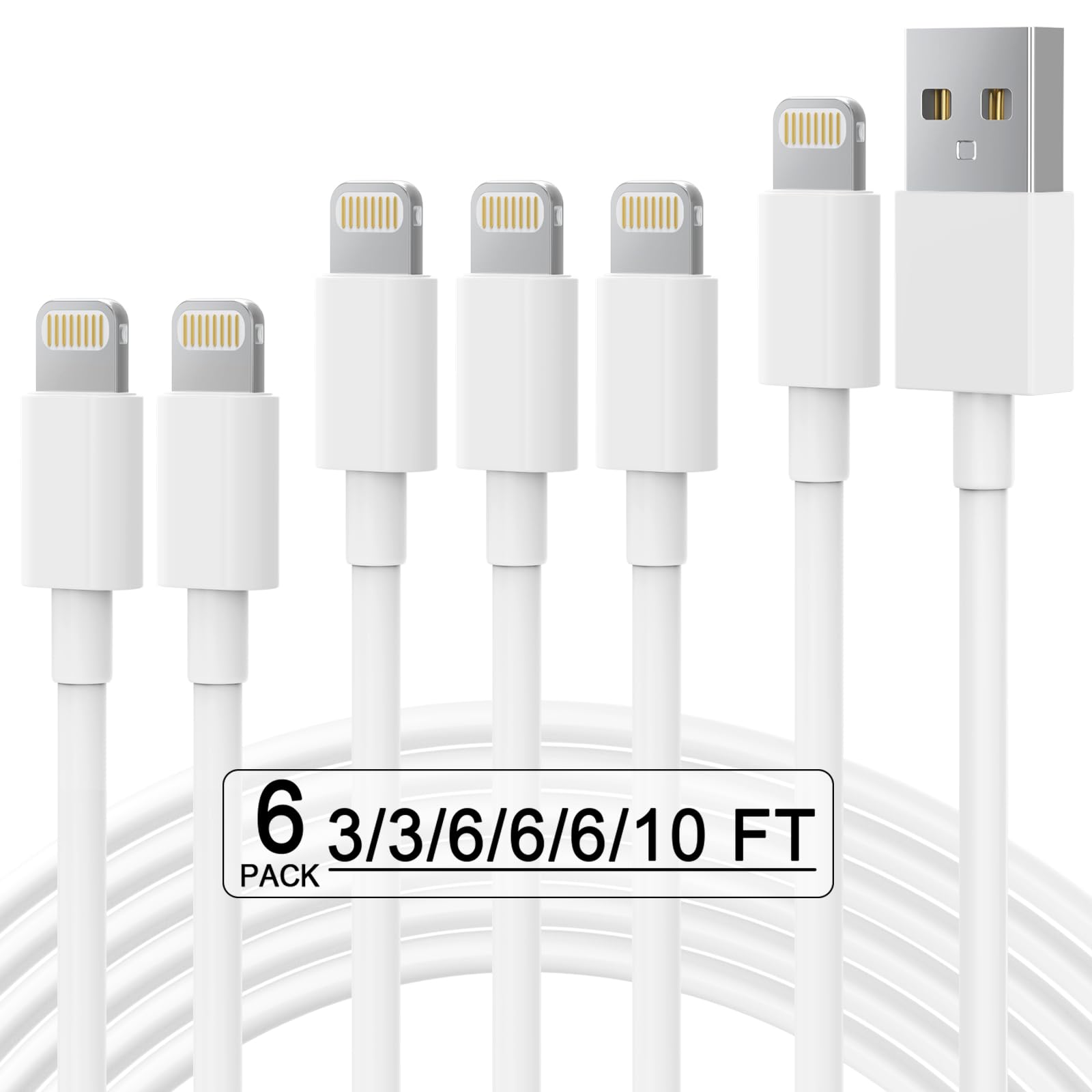 Photo 1 of **p-ack4*Apple MFi Certified 6Pack(3/3/6/6/6/10 FT) iPhone Charger Fast Charging Lightning Cable iPhone Charger Cord Compatible for iPhone 14/13 /12/11 Pro MAX/XR/XS/8/7/Plus/6S/SE/iPad More