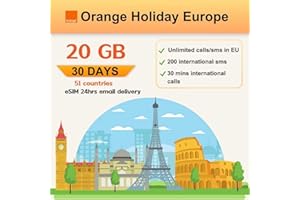 Orange eSIM Europe Prepaid for 30 Days.12GB High Speed Data.Unlimited EU-to-EU Calls and SMS.30 Minute International Calls + 