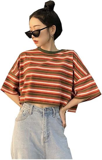 Amazon Tシャツ レディース 半袖 おしゃれ 夏 ゆったり トップス 韓国系 原宿系 ヒップホップ K Pop ダンス ストリート カジュアル ボーダー ショート丈 Tokyo9 Tシャツ カットソー 通販