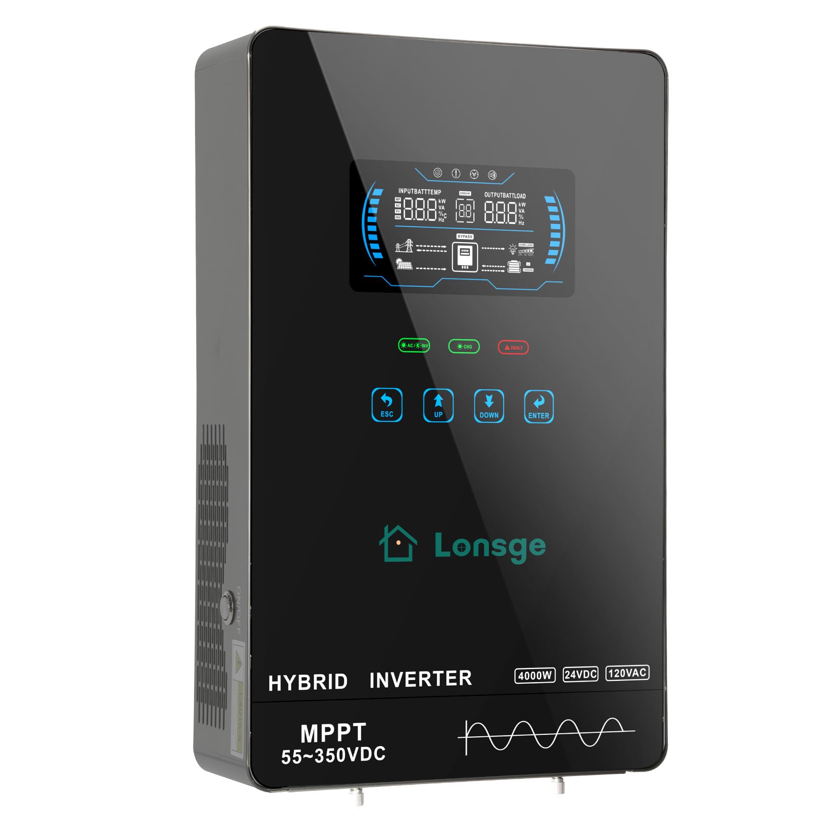 Lonsge 4000W Hybrid Solar Inverter, DC 24V to AC 120V Pure Sine Wave Power Converter, Glass Top Cover, LCD Display, 140A MPPT Charge Controller, Supports Batteryless, AGM or Lithium Battery
