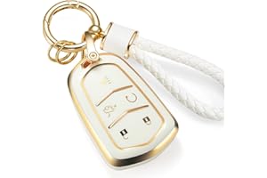 CTRINEWS for Cadillac Key Fob Cover with Metal Braided Rope Keychain for Cadillac Accessories, Upgraded Soft Key Case for 2015-2019 Cadillac Escalade CTS SRX XT5 ATS STS CT6(Gold Edge)