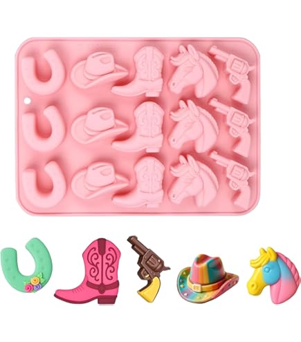 Lot de 2 moules à chocolat en silicone avec chapeau de cowboy en forme de selle de cheval pour décoration de cupcakes, gelée, glaçons et bougies