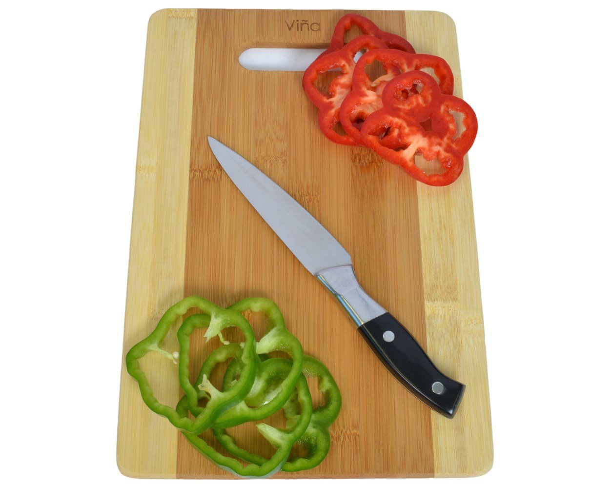 Vina 3 Piece Bamboo Cutting Boards Set - Chopping Board with Handle for Meat Veggie Prep, Serve Bread Crackers Cheese Butter, Cocktail Bar Board - Large, Medium and Small Size