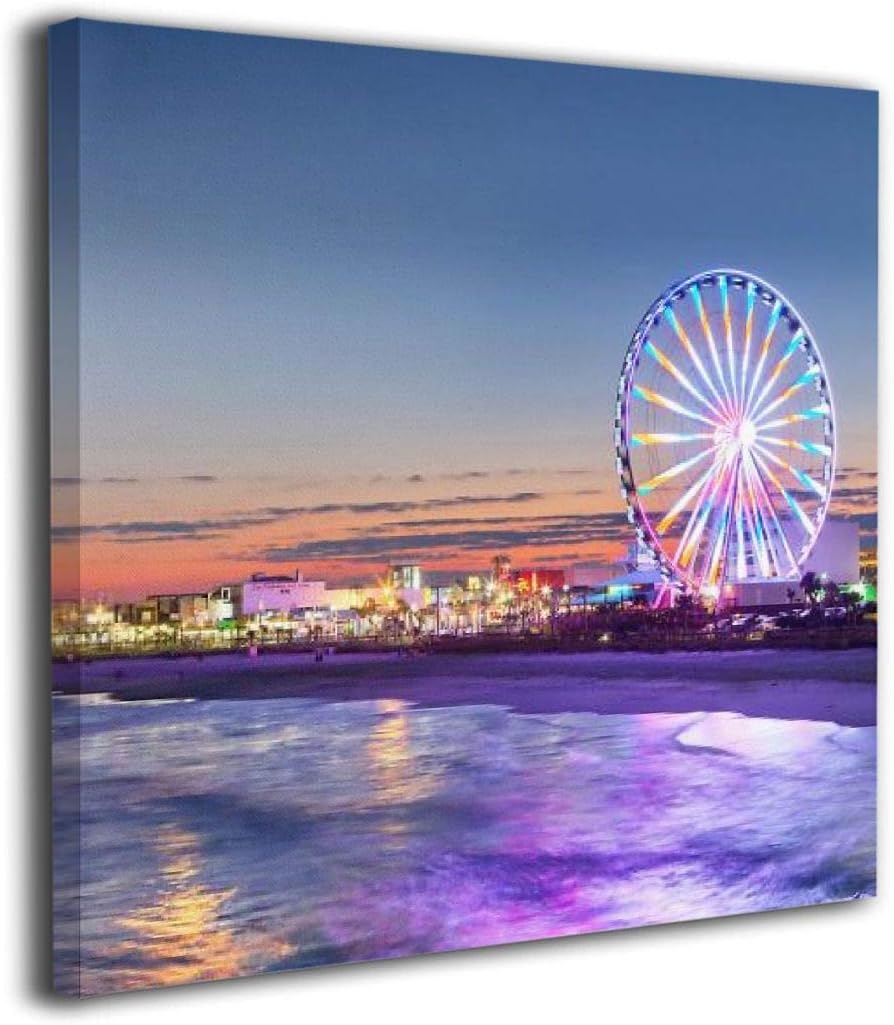 Hobson Reginald Canvas Wall Art Prints 20"x20" Myrtle Beach Ferris Wheel Dusk -Photo Paintings Contemporary Decorative Giclee Artwork Wall Decor-Wood Frame Gallery Wrapped