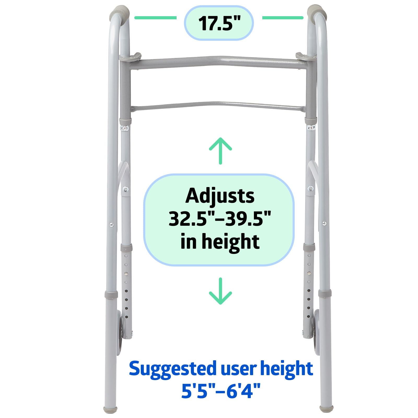 Medline Lightweight Folding Walkers for Seniors, Adults with 5” Wheels, Steel Frame Supports up to 400 lbs.