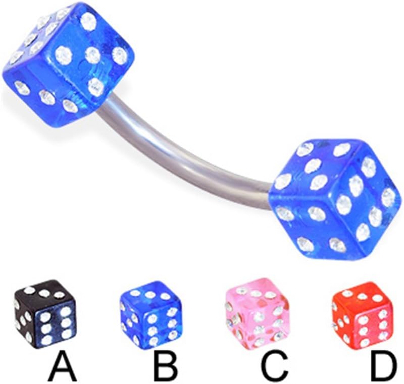 MsPiercing Titanium Curved Barbell With Jeweled Acrylic Dice, 14 Ga