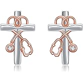 Stethoscope Cross Stud Earrings 925 Sterling Silver Stethoscope Stud Jewelry Gifts for Women Nurse Friend