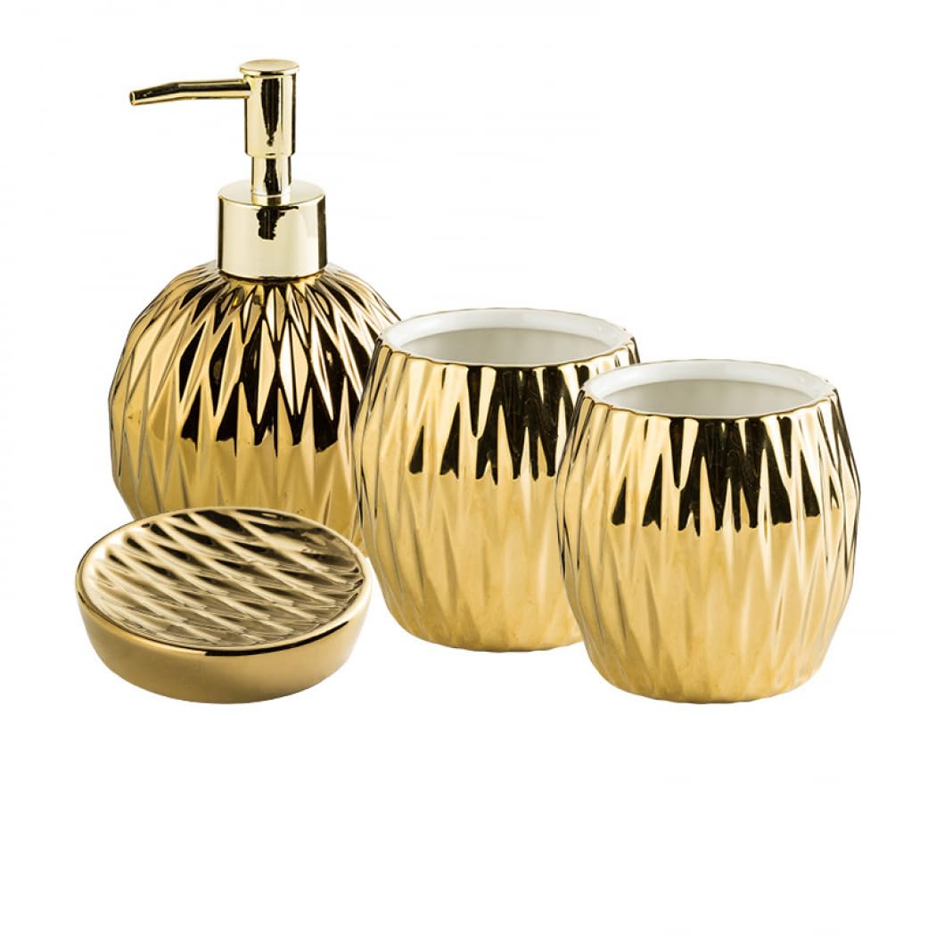 YYW Bathroom Accessory Set with Lotion Dispenser, Toothbrush Holder, Toothbrush Cup, Soap Dish 3/4 Pieces Modern Luxury Housewares Refillable Bathroom Soap Dispenser Set (Four-piece set - gold)
