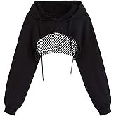 Remidoo Womens Cropped Hoodie Fishnet Long Sleeve Crop Top Hollow Out Drawstring Sweatshirt