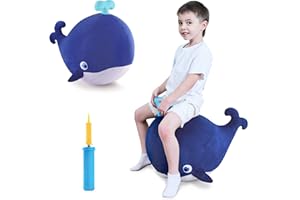 iPlay, iLearn Bouncy Pals Kids Whale Hopper Ball, Ride on Hopping Toy, Inflatable Plush Bouncing Animal W/Pump, Indoor Outdoor Riding Jumping Gift for 18 Month 2 3 4 5 Year Old Toddler Boy Girl Child