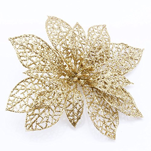 Yosoo 5Pcs 6" Glitter Hollow Flowers for Wedding Party Decor and Christmas Xmas Tree Decorations (Gold)