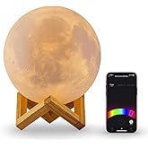 Geeni Smart Full Moon Light Mood Lamp with Wooden Stand – Realistic 3D LED Moon Lamp with RGB Color Effects, App & Voice Cont