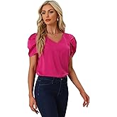 Allegra K Women's Satin Blouse V Neck Short Puff Sleeve Casual Tops