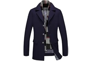 INVACHI Mens Wool Blend Coat Warm Winter Trench Coat with Detachable Soft Scarf Single Breasted Overcoat