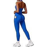 RXRXCOCO Open Back Workout Sets for Women 2 Piece Halter Tank Tops Hidden Scrunch Leggings Matching Set with Pockets