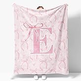 JKMBN Coquette Pink Bow Throw Blanket,Personalized Initial E Soft Fluffy Cozy Flannel Blanket,Monogrammed Gifts for Daughter Women Teen Girls,Customized Blanket for Bedding Bedroom Office,50x60 Inches
