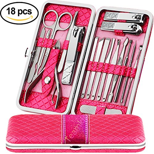 Teamkio 18pcs Manicure Set Pedicure Nail Clippers Set Travel Hygiene Kit Stainless Steel Professional Cutter Care Set Scissor Tweezer Knife Ear Pick Tools Grooming Kits with Leather Case