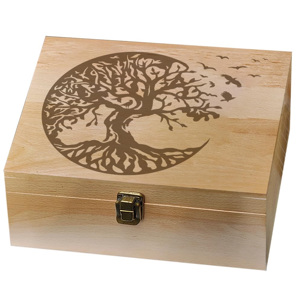 arricraft 1 Pcs Wooden Memory Keepsake Boxes, 24.5x19.5x10.3cm Tree of life and Bird Box with Lids Raven Storage Decorative Box for Holding Scary and Interesting Memory