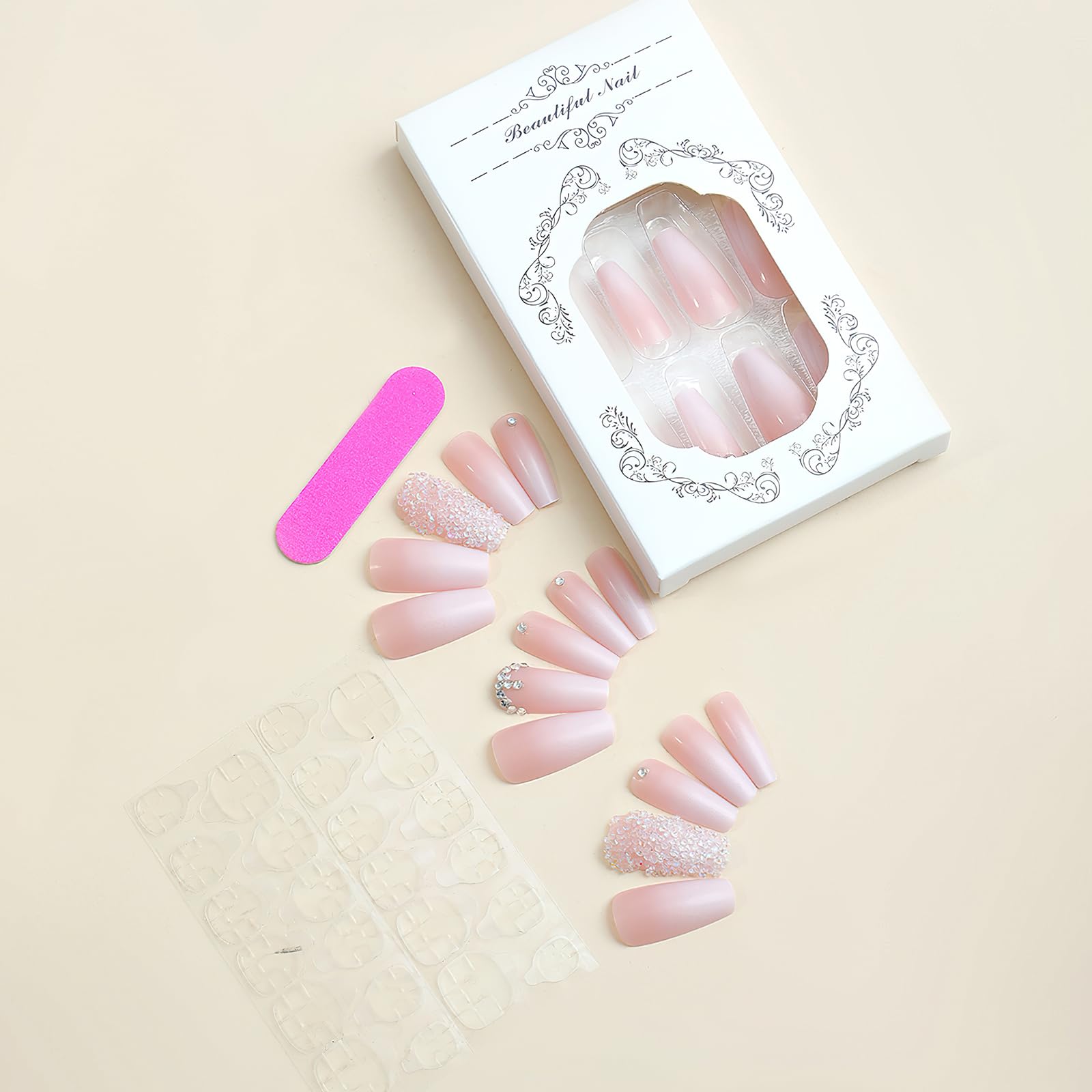 Jremg Pink Press on Nails Long Square Coffin Fake Nails Pink White Ombre Full Cover Acrylic Nails Glossy Gradient False Nails with Design Rhinestone Stick on Nails for Women Girls Manicure 24Pcs - Image 3