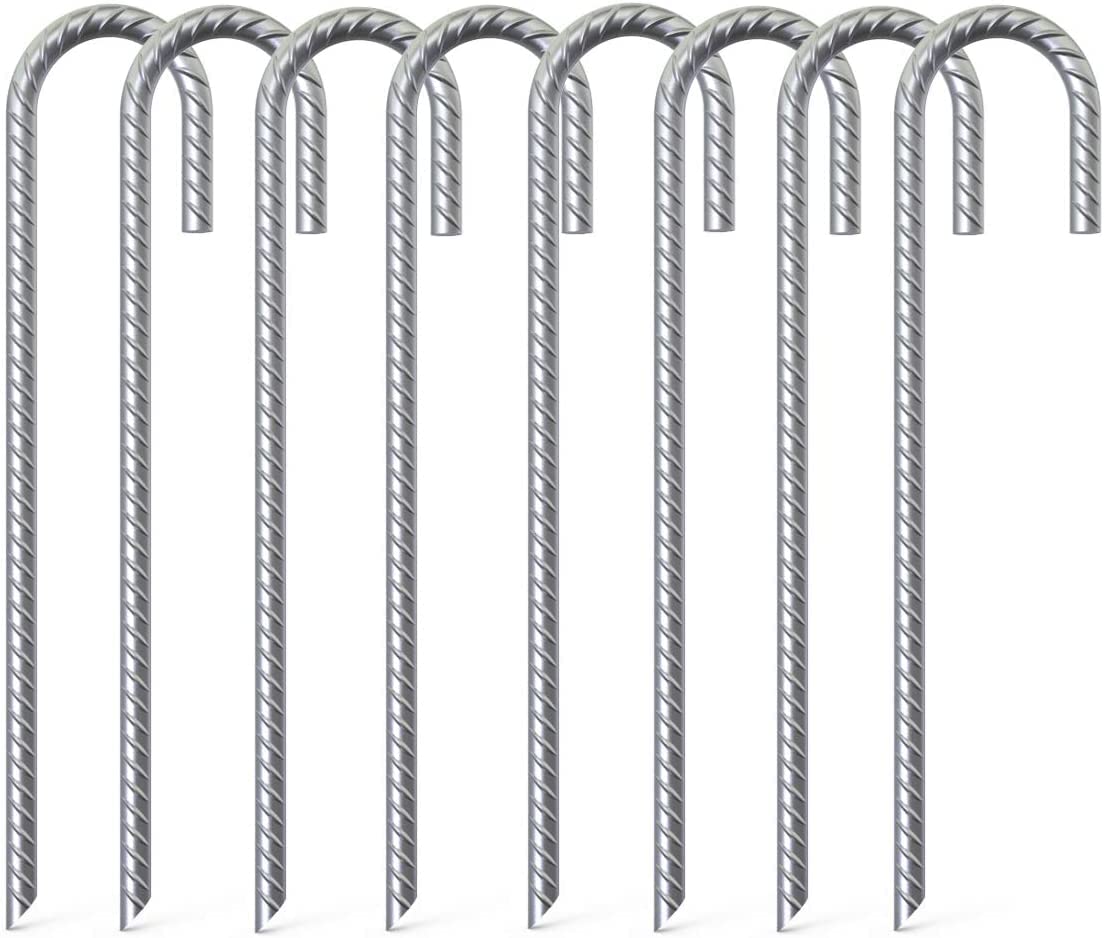 KAHEIGN 8Pcs Heavy Duty Rebar Stakes, 40CM Galvanized Ground Anchors Anti Rust Curved Steel J Hook with Friction Grip Ribbing for Camping Tents Trampolines Canopy Ports Fence Swing (Silver)