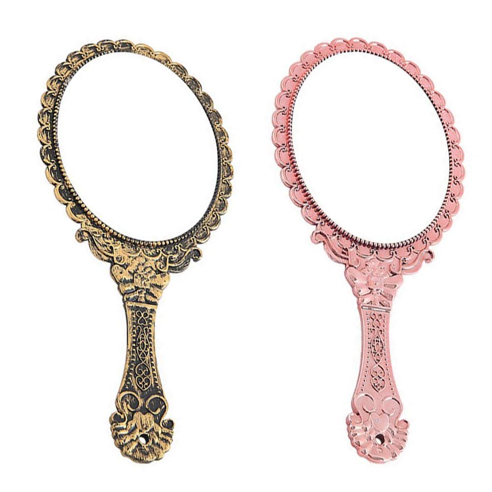 Seully 2 Pieces Retro Hand Held Oval Handle Makeup Mirror Pocket Beauty Tool (Bronze, Rose Gold)