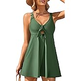 Charmo Womens One Piece Swim Dress V Neck Cutout Tie Knot Bathing Suits Tummy Control Skirt Swimsuits with Pockets