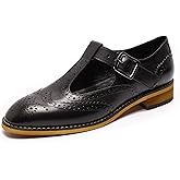 Mona flying Women's Classic Wingtip Oxfords Mary Jane T Strap Flat Leather Shoes for Ladies