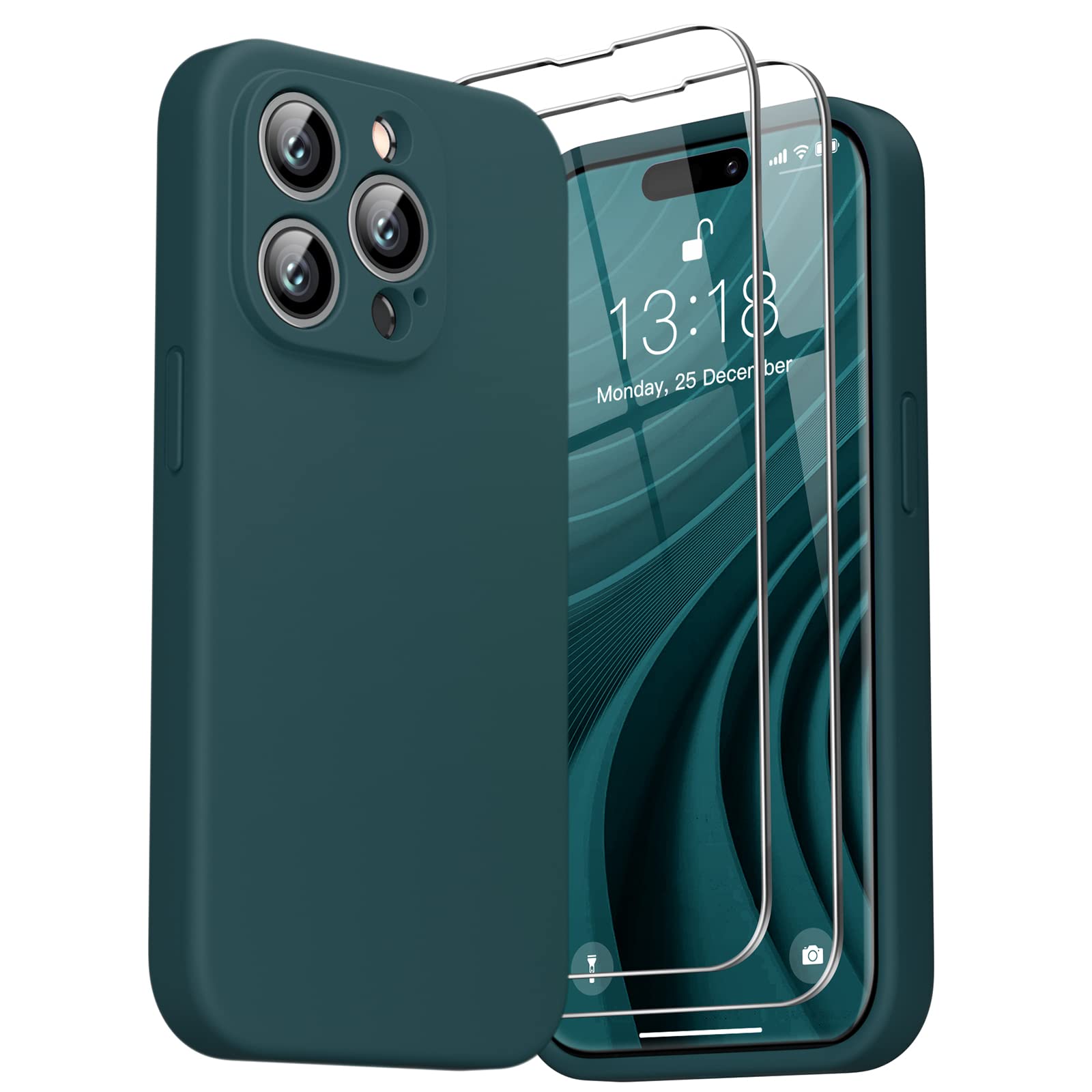 GOODVISH 3 in 1 Designed for iPhone 14 Pro Max Case 6.7" Liquid Silicone 2022, with 2x Screen Protector, [Enhanced Camera 360° Full Protection] Shockproof Anti-Scratch Slim Phone Cover, Dark Green