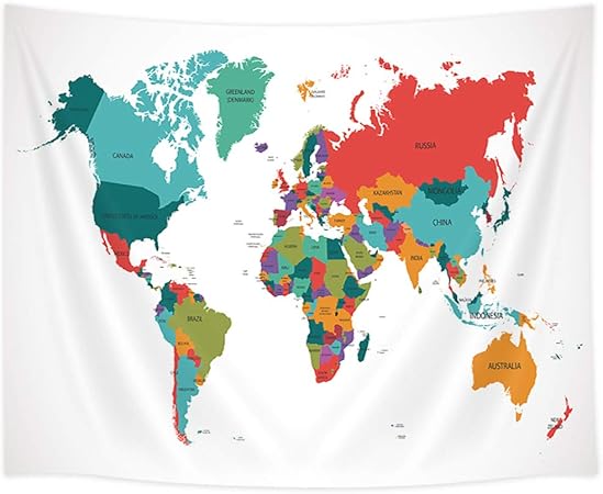 Amazon Co Jp Shocur 世界地図タペストリー カラフルな地図の国名 ホームインテリア 壁掛けアート かわいいリビングルームと寝室デザイン 51 X 59インチ ピン付き Generic