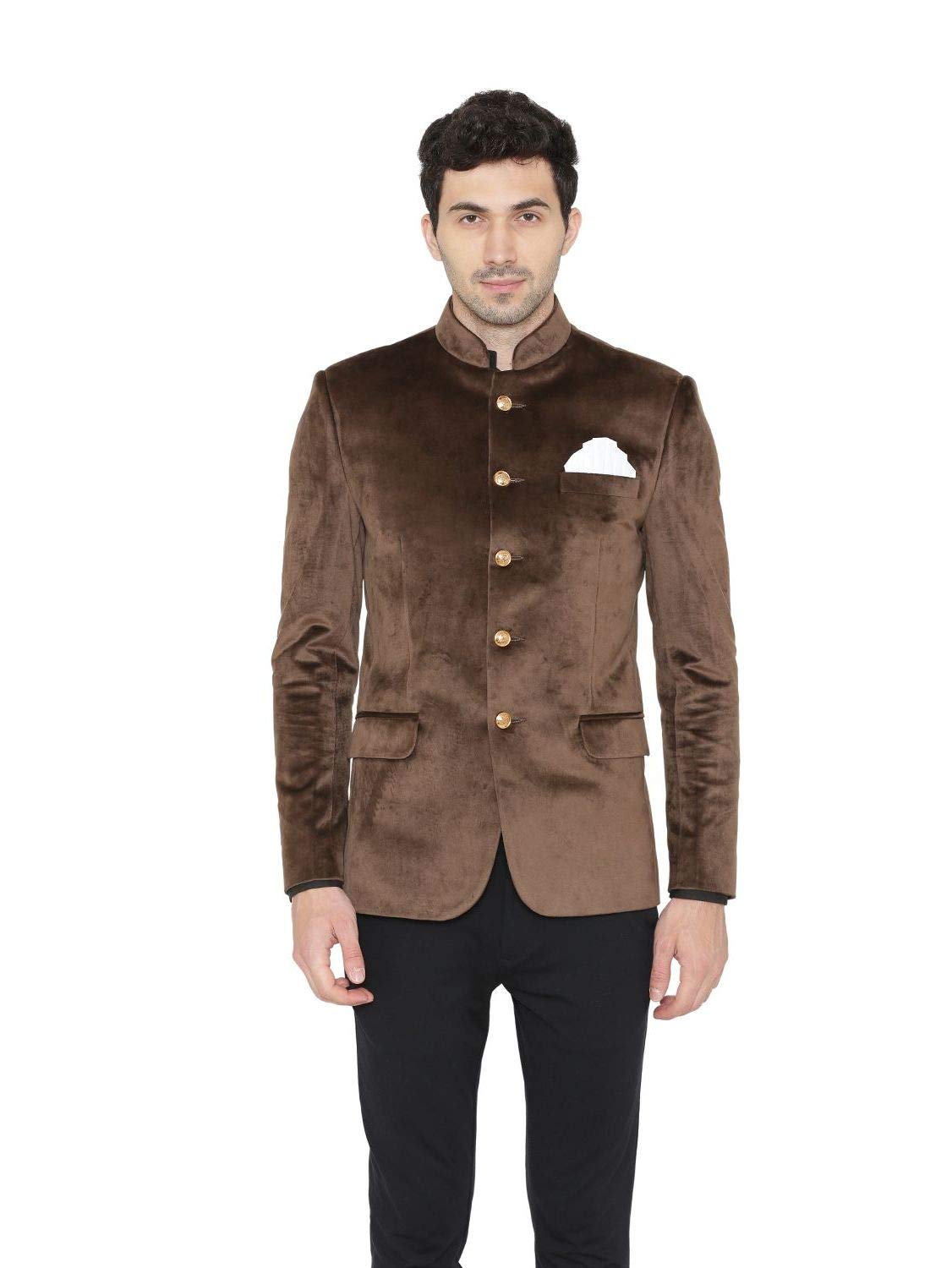 Photo 1 of WINTAGE Men's Cotton Velvet Solid Mandarin Collar Ethnic Bandhgala Jodhpuri Blazer : Brown-1
