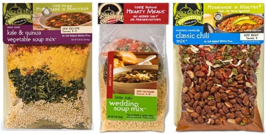 Frontier Soups 100% Natural Soup Mix 3 Flavor Variety Bundle, (1) each: West Coast Kale Quinoa Vegetable, Montana Classic Chili, Little Italy Wedding (4.25-9 Ounces)