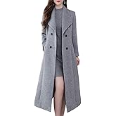 ebossy Women's Shawl Collar Double Breasted Below Knee Slim Wool Trench Long Coat