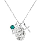 Saint Cecilia Necklace – Silver Stainless Steel Medal Pendant with Cross & Optional Birthstone – Catholic Patron Saint of Music Jewelry – Adjustable Chain Gift for Teens or Women