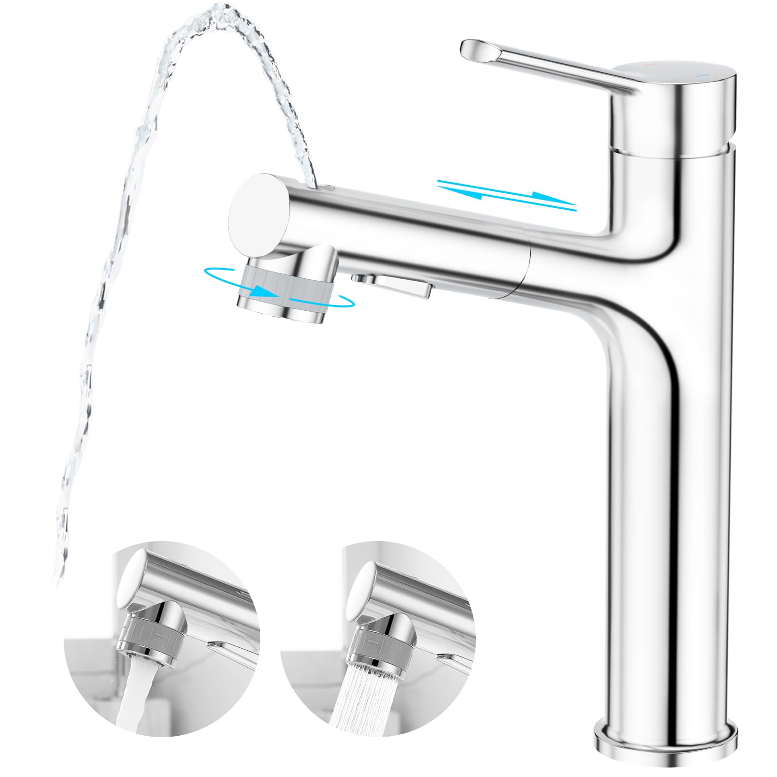 CREA High Wash Basin Mixer Tap for Countertop Washbasin Bathroom with 3 Function Pull-Out Shower Head Bathroom Mixer Tap in Brass Polished Finish Chrome, European Standard — image 1