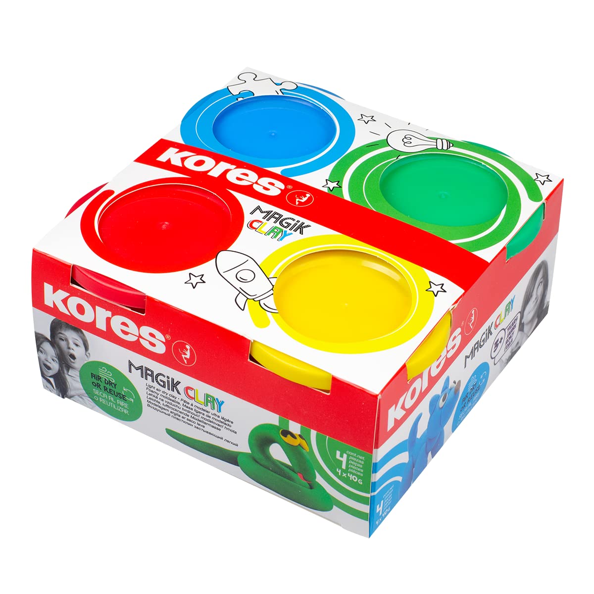 Kores - Magik Clay - Air Dry Clay - Light, Easily Moldable, No Baking Clay, for Kids, Modelling Clay, Coloured Clay - Set of 4 x 40g