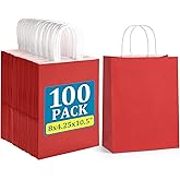 BagDream 8x4.25x10.5 Inch 100Pcs Red Gift Bags Medium Size, Kraft Paper Bags with Handles Bulk for Wedding, Party Favors, Business, Christmas, Grocery Paper Sacks