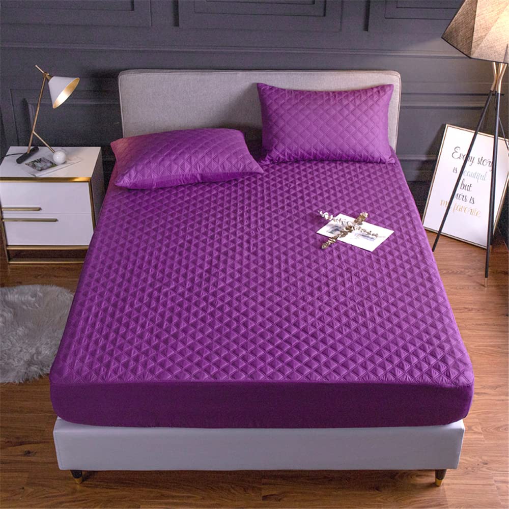 Quilted Waterproof Mattress Protector Double Size,Microfiber Quilted Bed Sheet,35cm Extra Deep Mattress Cover/Topper (Purple, Double)
