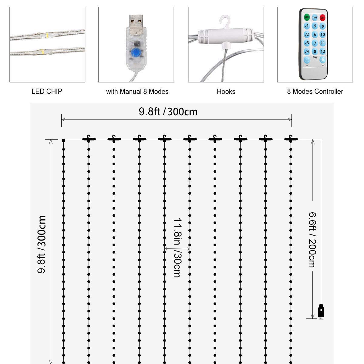 24HOCL 300 LED Window Curtain String Light USB Powered, 4 Music Control 8 Lighting Modes Waterproof Decorative Lights for Wedding Party Home Garden Bedroom Outdoor Indoor Wall Decorations, Cold White