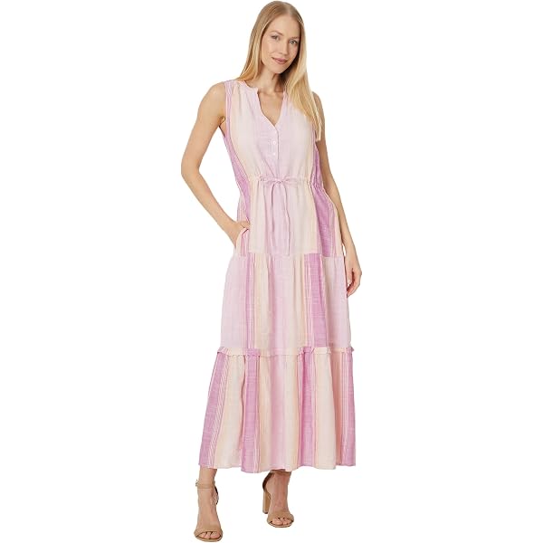 Liverpool Los Angeles Flutter Sleeve Woven Maxi Dress with Cinched Waist -  Pure Rayon Construction Orange Tan Stripe SM One Size at Amazon Women's  Clothing store