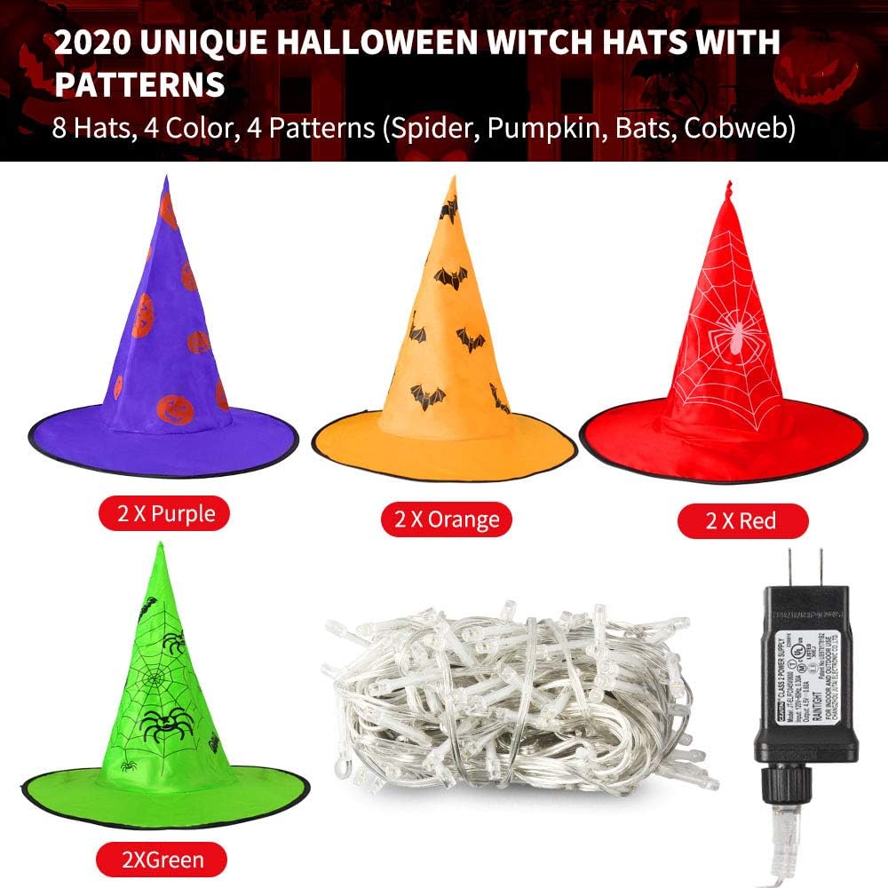 MZD8391 Halloween Decorations Lighted Witch Hats, 8Pcs Hanging Glowing Witch Hats 44ft Halloween Outdoor Lights String with 8 Lighting Modes for Outdoor, Garden, Yard, Tree: Home Improvement