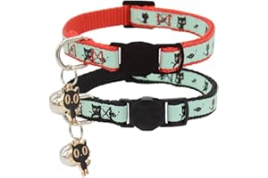 BARLEYGOO 2 Pack Glow in The Dark Cat Collar with Bell Breakaway Safety Cat Puppy Collars with Pendant Red and Black