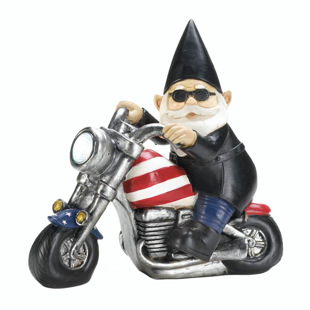 Decor and More Store Cool Biker Gnome on Patriotic Motorcycle Solar Powered Light Up Headlight Path Lamp