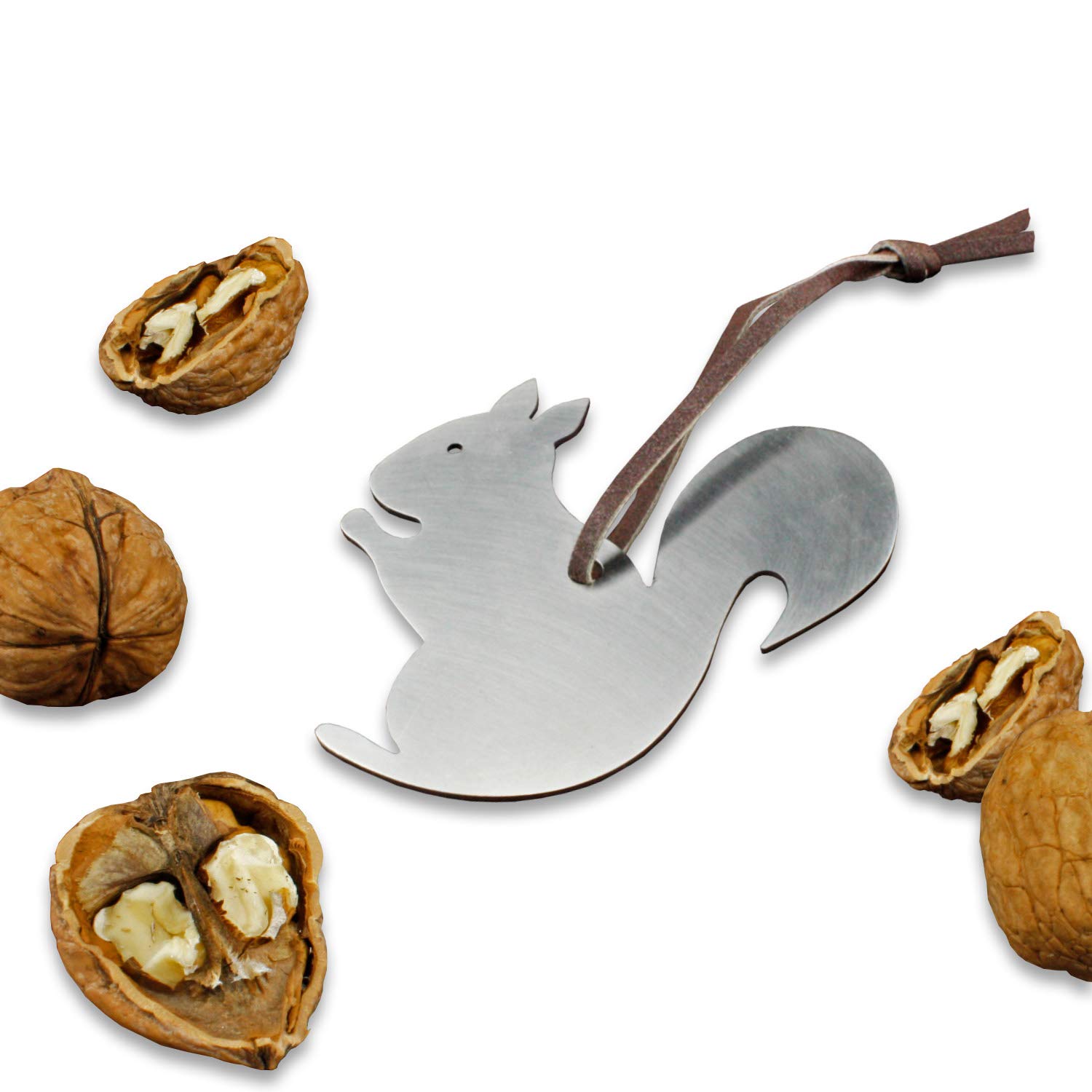 Real Stainless Steel Nutcracker Shape Squirrel with Leather Strap - 6.5 x 6.5 cm - Cellophane Plated Ideal as a Pendant or Small Gift