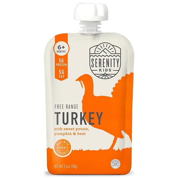 SERENITY KIDS 6+ MONTHS BABY FOOD POUCHES PUREE MADE WITH ETHICALLY SOURCED MEATS & ORGANIC VEGGIES | 3.5 OUNCE BPA-FREE POUCH | FREE RANGE TURKEY, SWEET POTATO, PUMPKIN, BEET | 1 COUNT