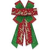 Large Christmas Wreath Bows Merry Christmas Words Decor Bows Glitter Green Red Ribbon Bows for Wreath, New Year Tree Topper Bows for Xmas Party Decoration Home Indoor Outdoor Wreath Ornament Supplies