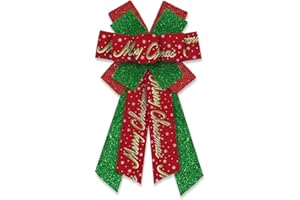 HEUREPPY Large Christmas Wreath Bows Merry Christmas Words Decor Bows Glitter Green Red Ribbon Bows for Wreath, New Year Tree Topper Bows for Xmas Party Decoration Home Indoor Outdoor Wreath Ornament Supplies