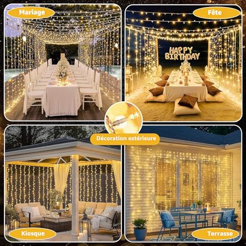 Joycome Light Curtain, 6 x 3 m, 600 LEDs, Mains Powered Light Curtain, 8 Modes String Lights for Interior, Outdoor, Wall, Bedroom, Ceiling, Balcony, Wedding Decoration – Warm White