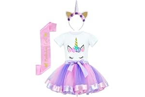 JiaDuo Girls Unicorn Costume Rainbow Tutu with White Shirt, Headband & Satin Sash