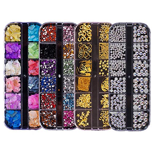 Nail Gems,Colorful Shiny 3D Nail Art Rhinestones Nails Gems Kit (4 Boxes) Multicolor Nails Gem Polish Rivets Studs Double-sided Glue Stickers Nail Arts Clippers Foil Equipment Acrylic